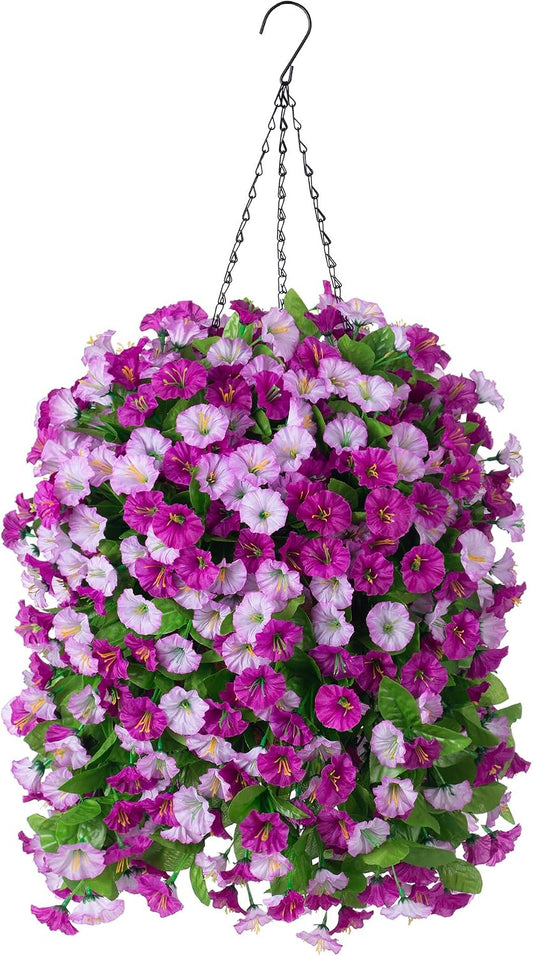 Artificial Flowers with Hanging Basket, Outdoor Faux Plants UV Resistant