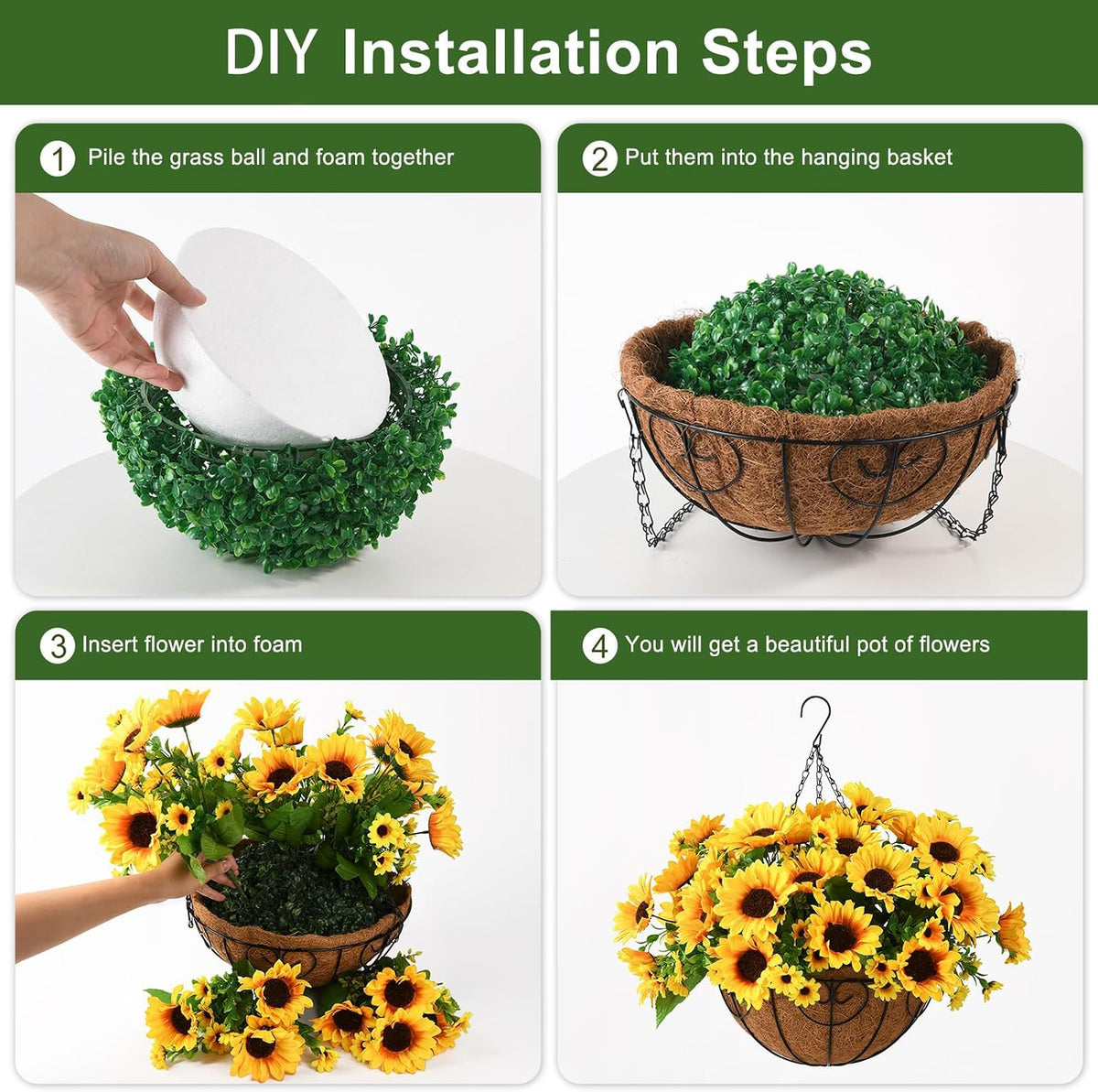 Artificial Sunflowers Fake Hanging Flowers Baskets for Outdoor Decoration