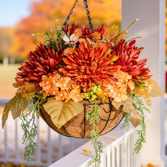 HyeFlora Artificial Fake Hanging Mums Flowers Plants Baskets for Outdoor Outside Decoration, Faux Silk Orange Flower Chrysanthemum UV Resistant Realistic for Porch Patio Balcony Yard Decor