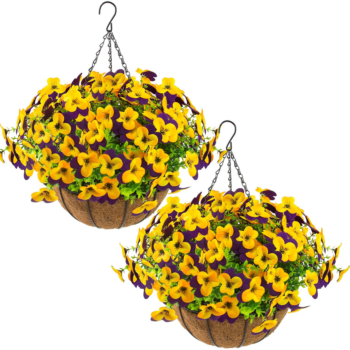lovemoon 2 Sets Artificial Hanging Pansy Flowers with Baskets, 24 Pcs UV Resistant Faux Silk Pansy Outdoor Hanging Flower for Porch Patio Garden Home Spring Decor (2, White,Yellow,Purple)