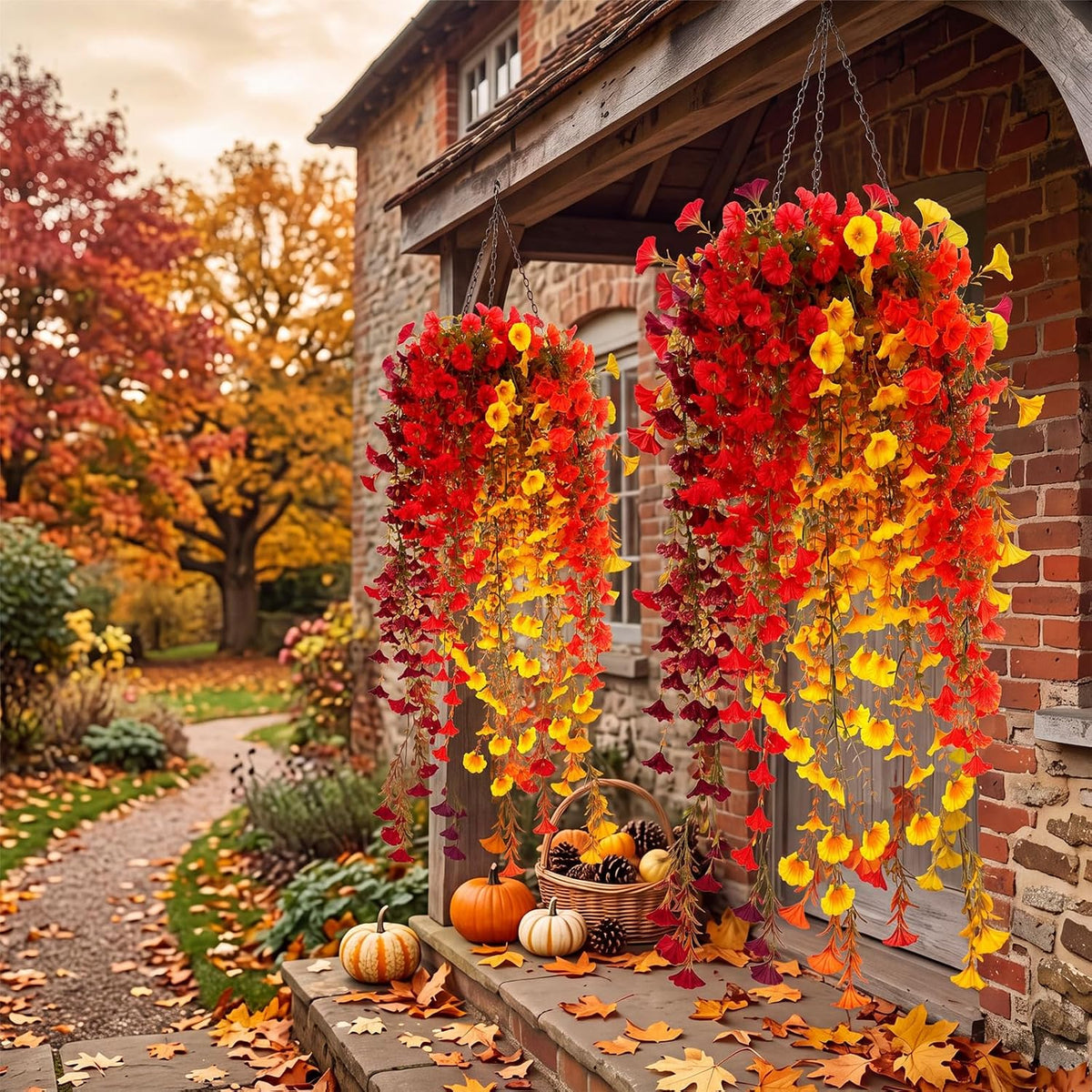 Pinkunn 2 Pack Artificial Fall Hanging Flower Basket for Outdoor Fall Decor