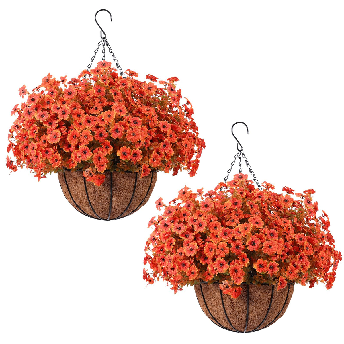Hananona 2 Set Artificial Outdoor Flowers with Hanging Basket, 2 Hanging Planters with 24 Pcs Flowers for Spring Summer Front Porch Garden Patio Home Decor (2, Red, Purple, Yellow, Rose Red)