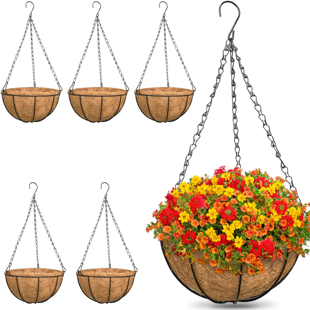 ZeeDix 2 Pack 14 Inch Hanging Baskets for Plants Outdoor, Metal Wire Round Planters with Coco Liner, Hanging Flower Baskets for Home Garden Porch Balcony Railings Decor