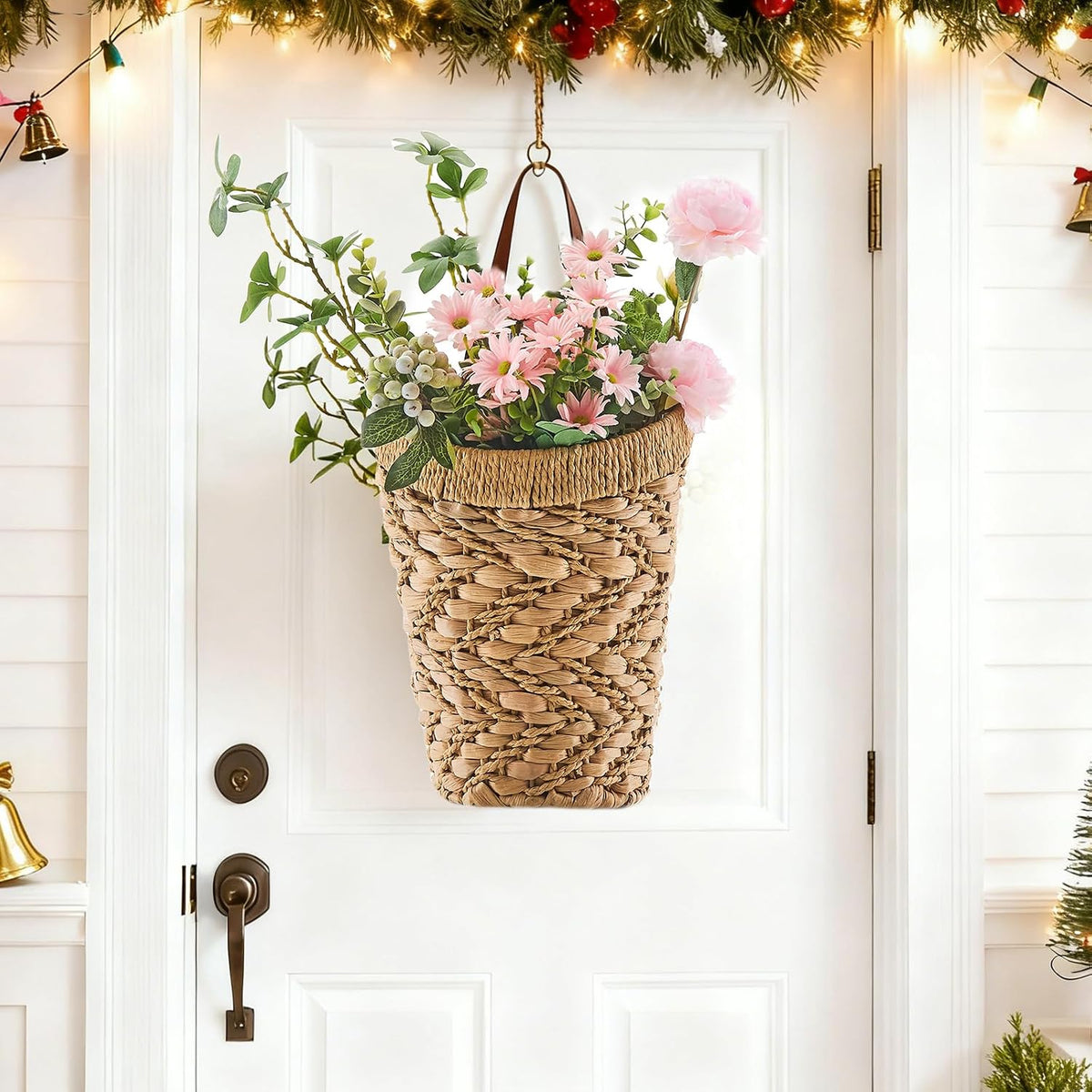 Handwoven Water Hyacinth Boho Front Door Basket for Flower Plants