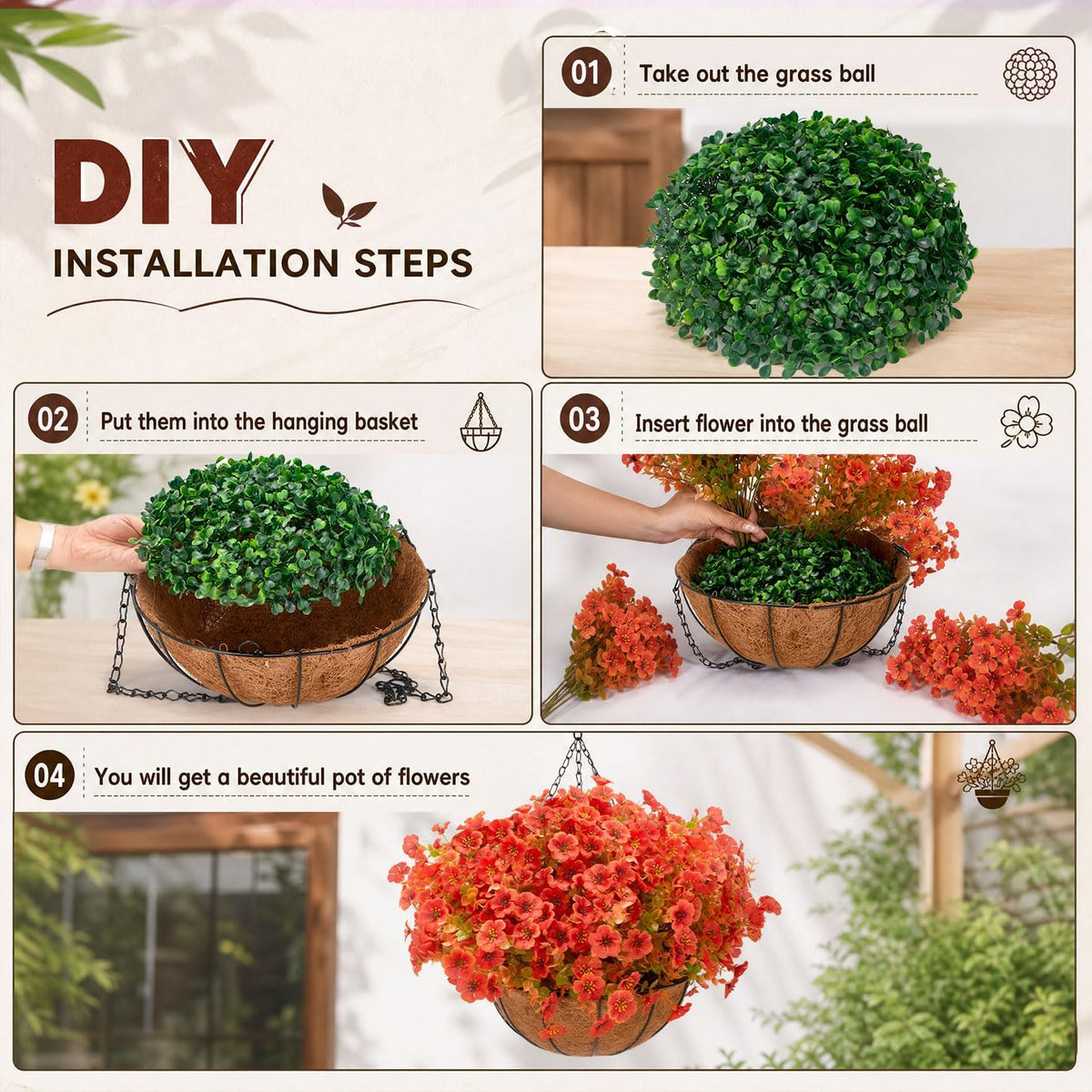 Artificial Outdoor Flowers with Hanging Baskets, 24pcs Fake Fall Mums Flower with 2 Pack Hanging Planters, Realistic UV Resistant Hanging Plants for Autumn Front Porch Garden Home Patio Yard Decor