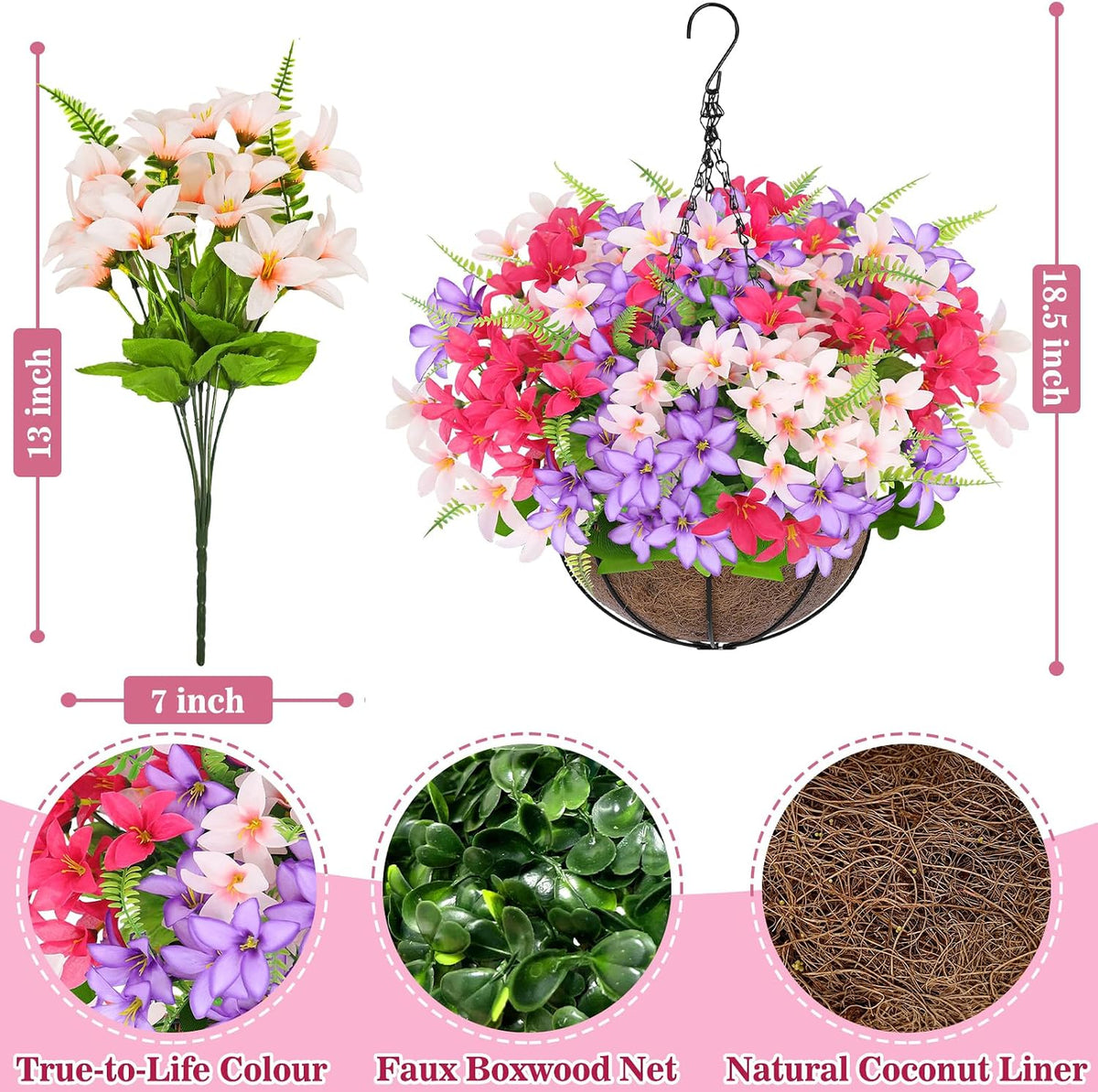 Artificial Faux Hanging Plants Flowers Basket for Outdoors Spring Summer Decoration, Hanging Planters with Fake Silk Hyacinth Flower UV Resistant for Outside Porch Patio Balcony Garden Purple Fuchsia