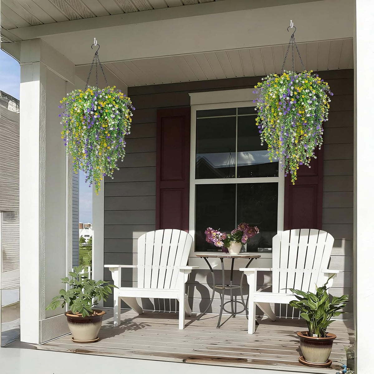 2 Set Artificial Flower Hanging Baskets for Outdoors, UV Resistant