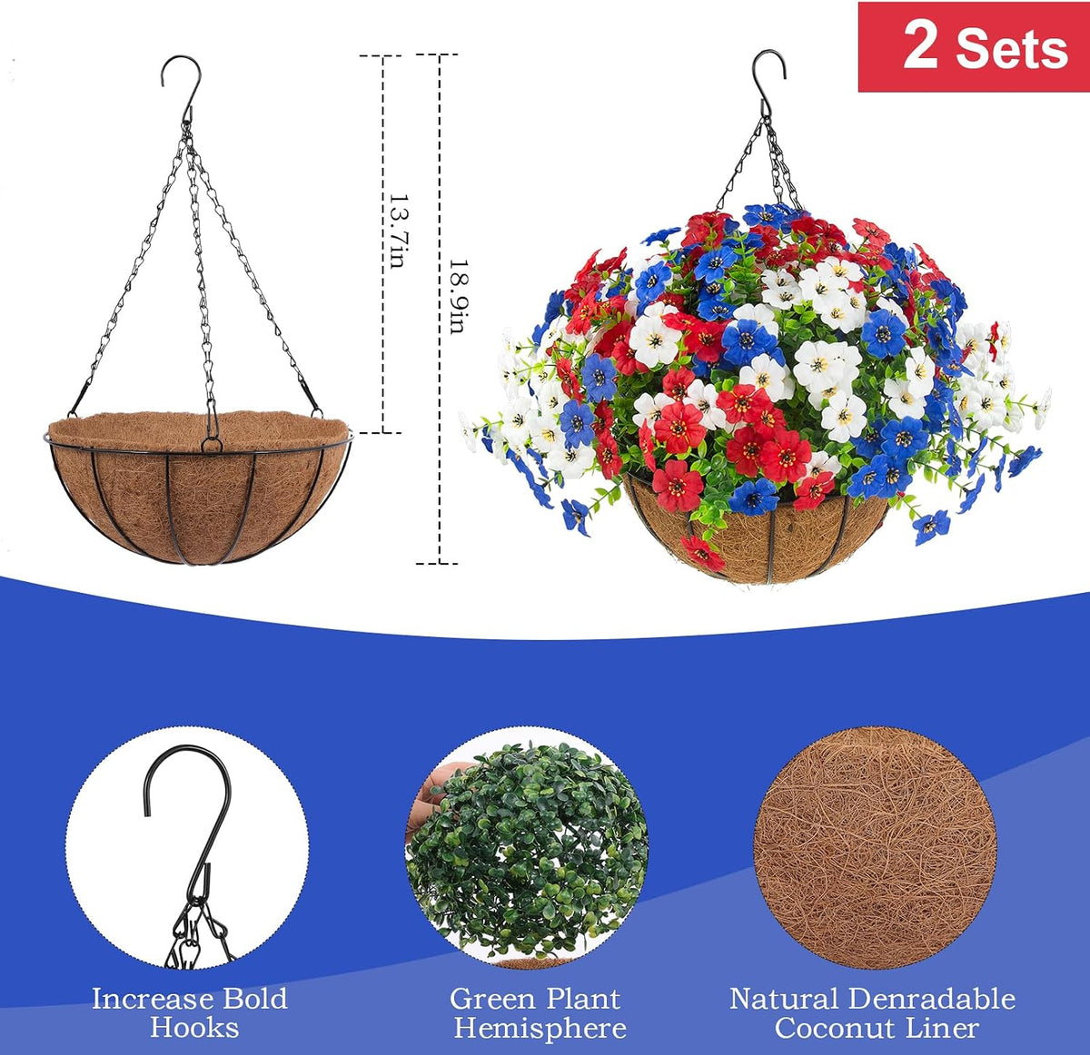 Hananona 2 Set Artificial Outdoor Flowers with Hanging Basket, 2 Hanging Planters with 24 Pcs Patriotic Flowers for Summer Front Porch Patio 4th of July Decor (Red, White, Blue)