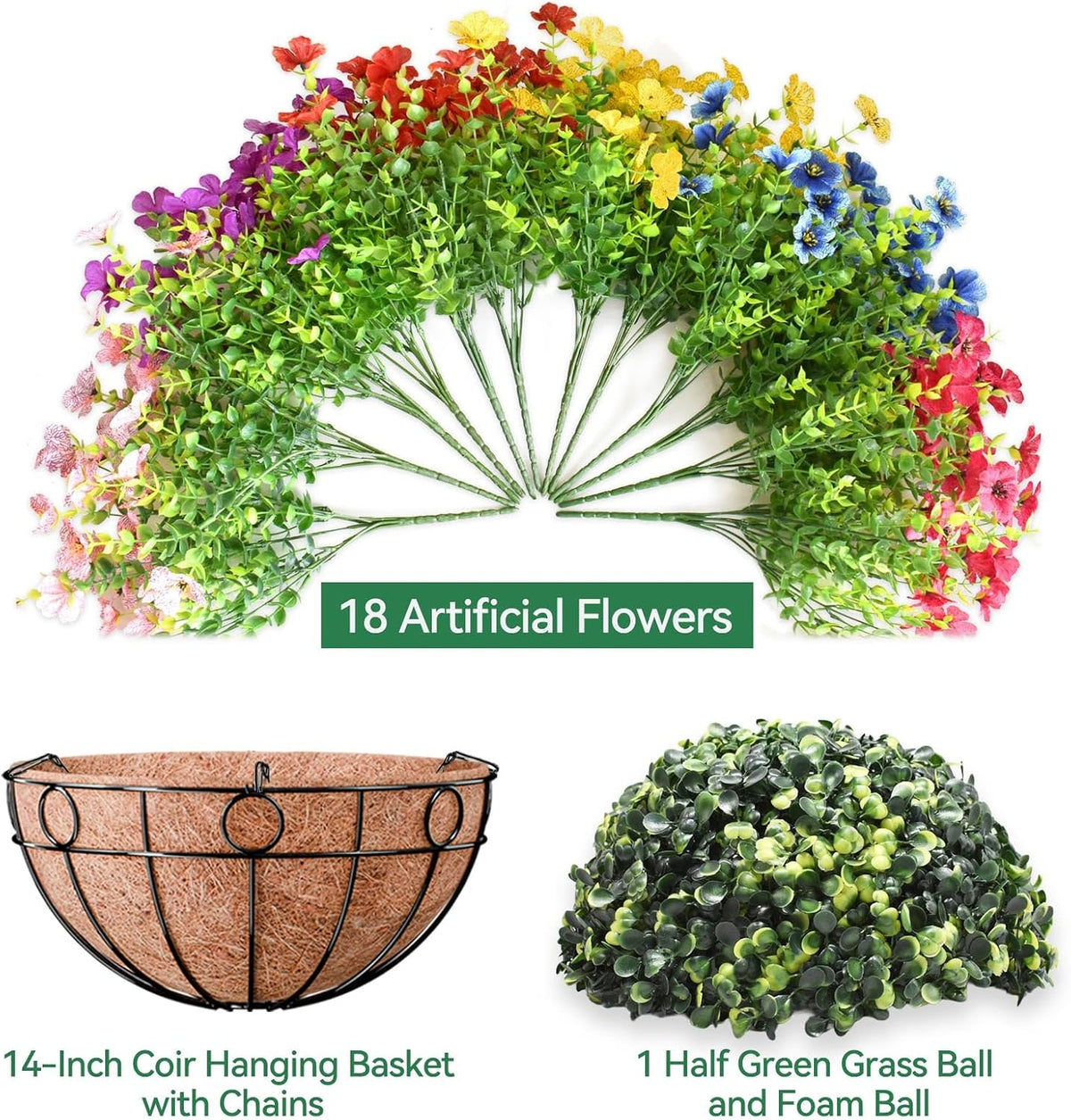 ZeeDix 18 Pcs Artificial Flowers with Hanging Baskets for Outdoors, 14 Inch Hanging Baskets with Fake Silk Flowers for Front Porch Patio Balcony Garden Home Spring Summer Decor