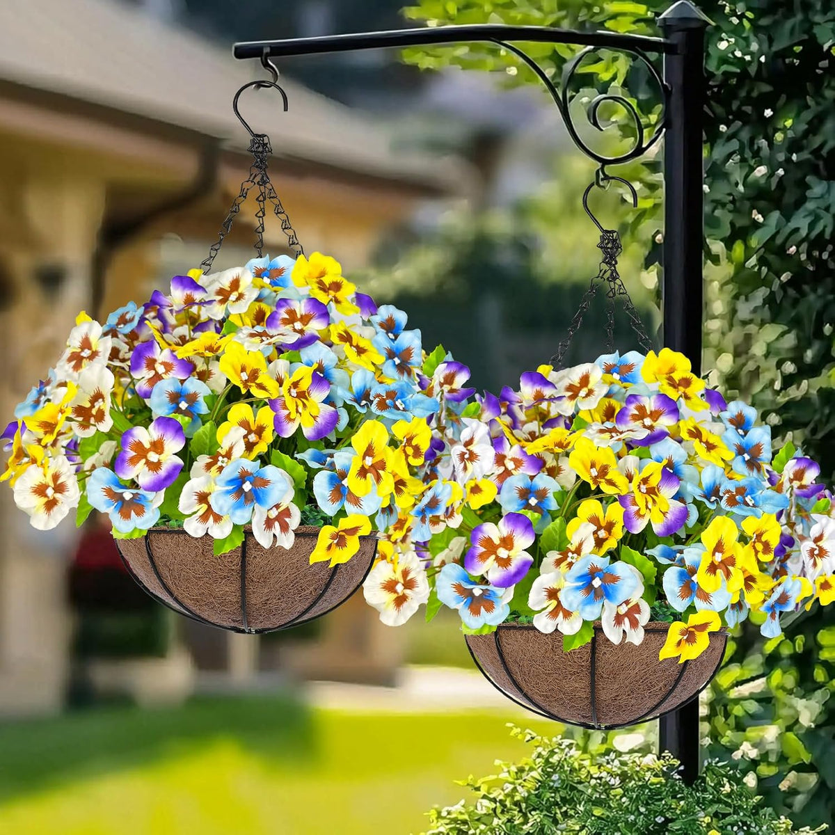 Artificial Hanging Flowers Plants Baskets Outdoor Outside Decoration, Pansies UV Resistant Waterproof Spring Fake Silk Flowers Faux Hanging Planters for Porch Patio Balcony Yard Home Decor