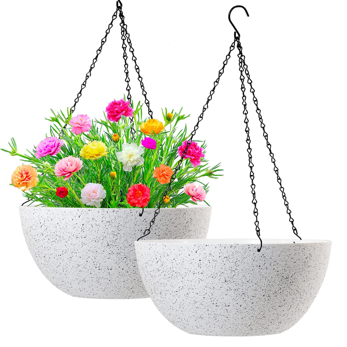 WOUSIWER 13 inch 2Pack Large Hanging Planters for Outdoor Indoor Plants with Drainage Holes and Chain, Round Hanging Flower Pots for Garden Home Porch Decor, Black