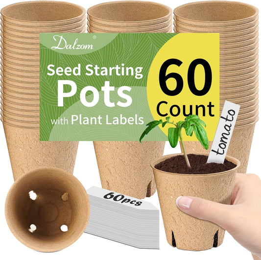 Dalzom® 60Pcs 3.1” Peat Pots with 60Pcs Plant Labels, Biodegradable Pots for Seedlings with Drainage Holes, Garden Plant Nursery Pots Seed Starting Trays