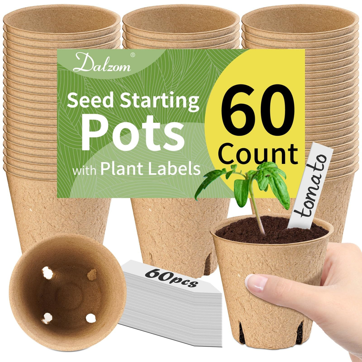 Dalzom® 60Pcs 3.1” Peat Pots with 60Pcs Plant Labels, Biodegradable Pots for Seedlings with Drainage Holes, Garden Plant Nursery Pots Seed Starting Trays