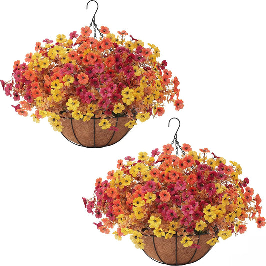 2 Set Artificial Fake Mums Fall Flowers Plants with Hanging Basket for Outdoors Autumn Decor,Faux Mum Silk Flowers for Outside,UV Resistant 24 pcs Daisy for Planter Patio Porch Home Decor (Multicolor)