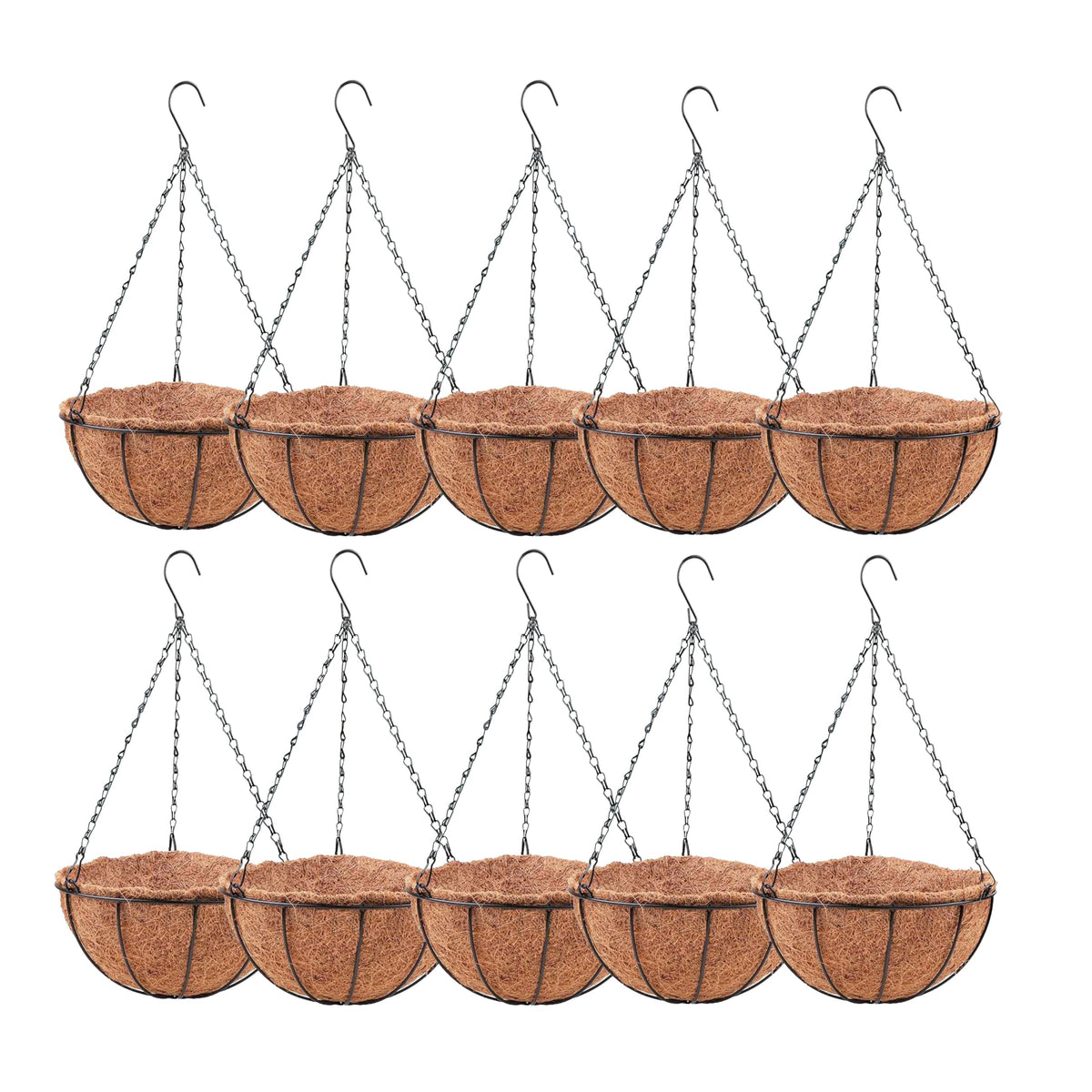 LaLaGreen Round Hanging Baskets (10 in, 2 Pack) Black Metal Coco Liner Pots
