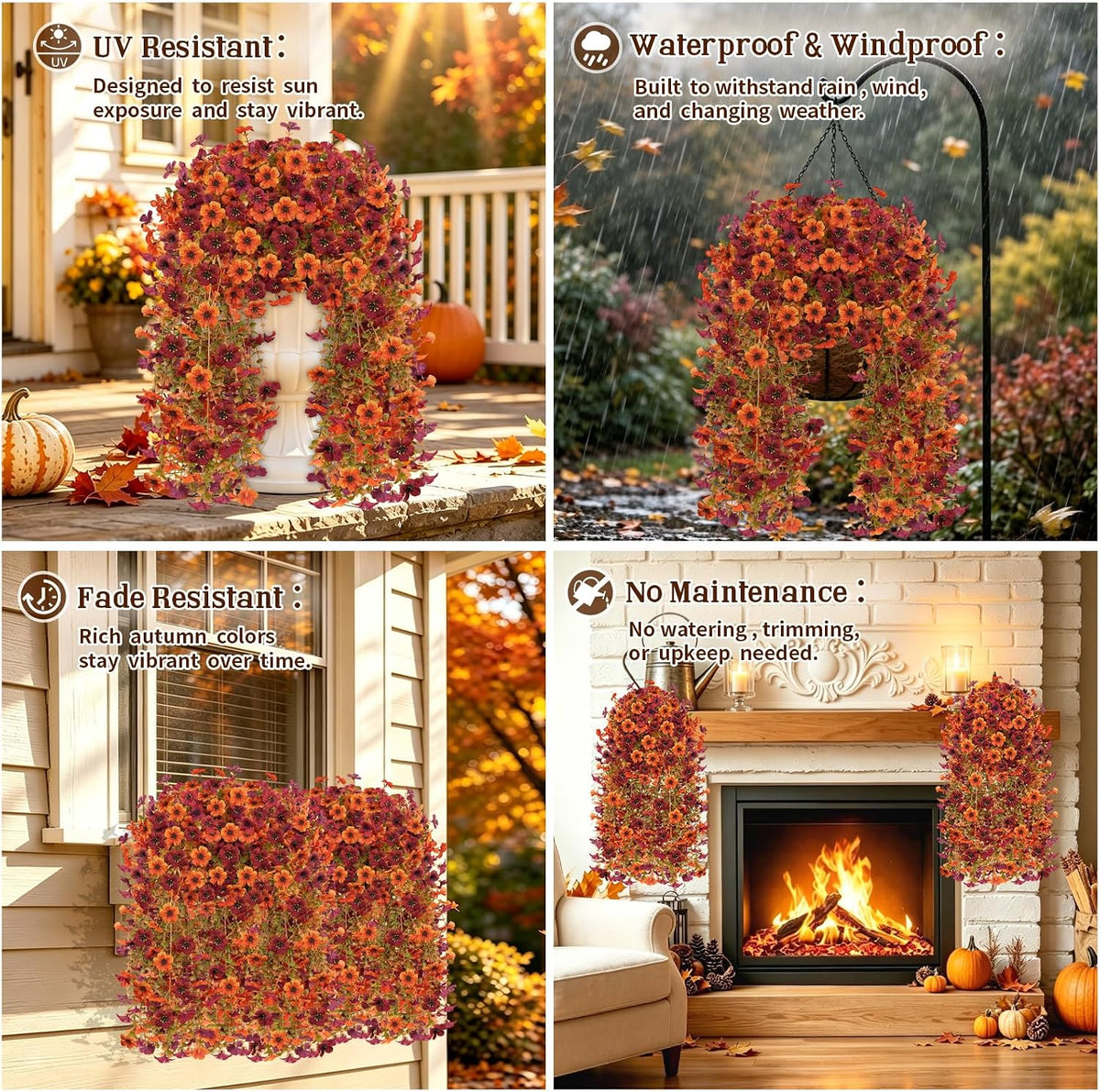 8PCS Artificial Fall Hanging Flowers for Outdoor Realistic hanging Mums