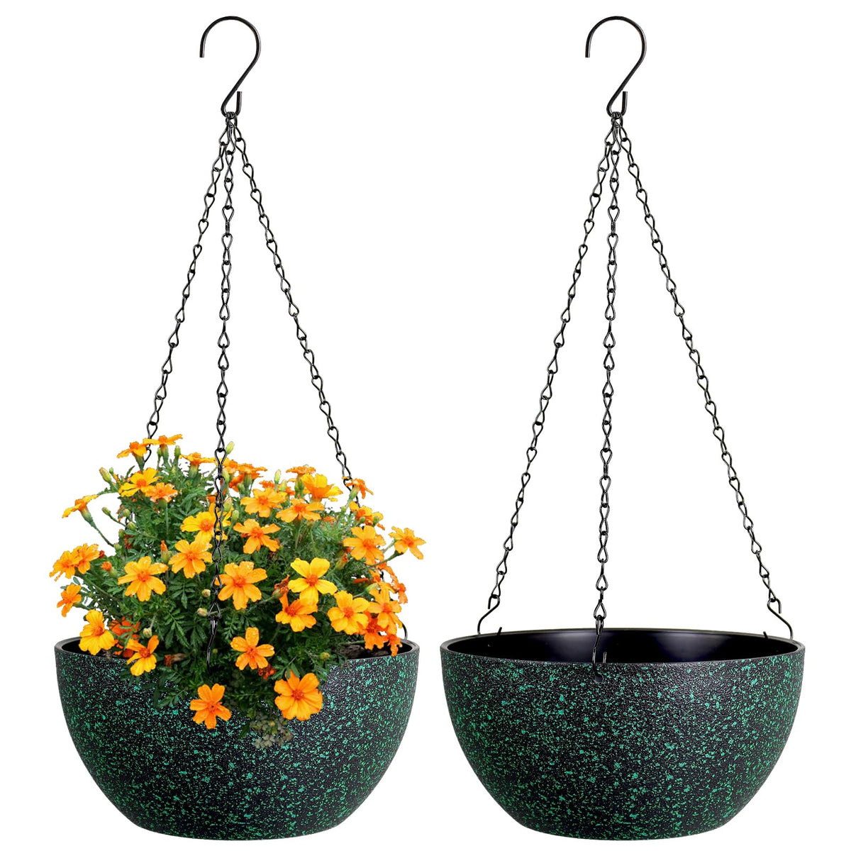 Meowell 10 inch Hanging Planters for Indoor Outdoor Plants, 2 Pack Hanging Flower Pots with Drainage Holes and Chain for Garden Porch, Round Plastic Hanging Baskets for House Plants, Black