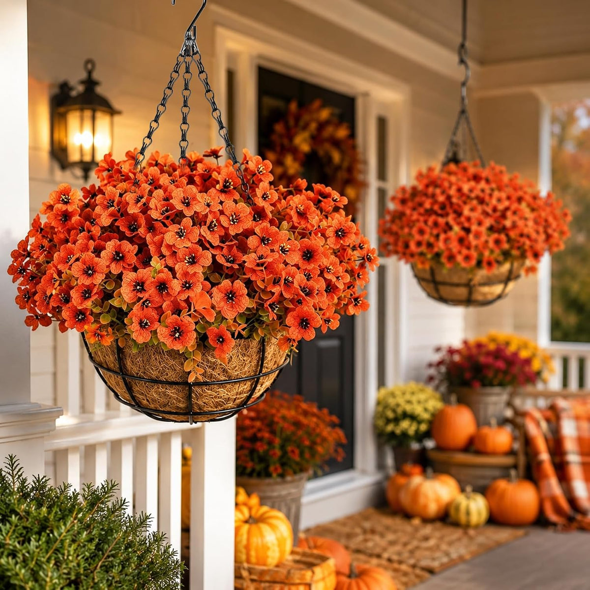 2 Set Artificial Hanging Flower Baskets with Coco Liners, Orange Fall