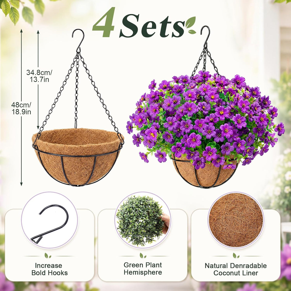 Sosation 4 Sets Artificial Hanging Flowers Basket for Outdoor Decor