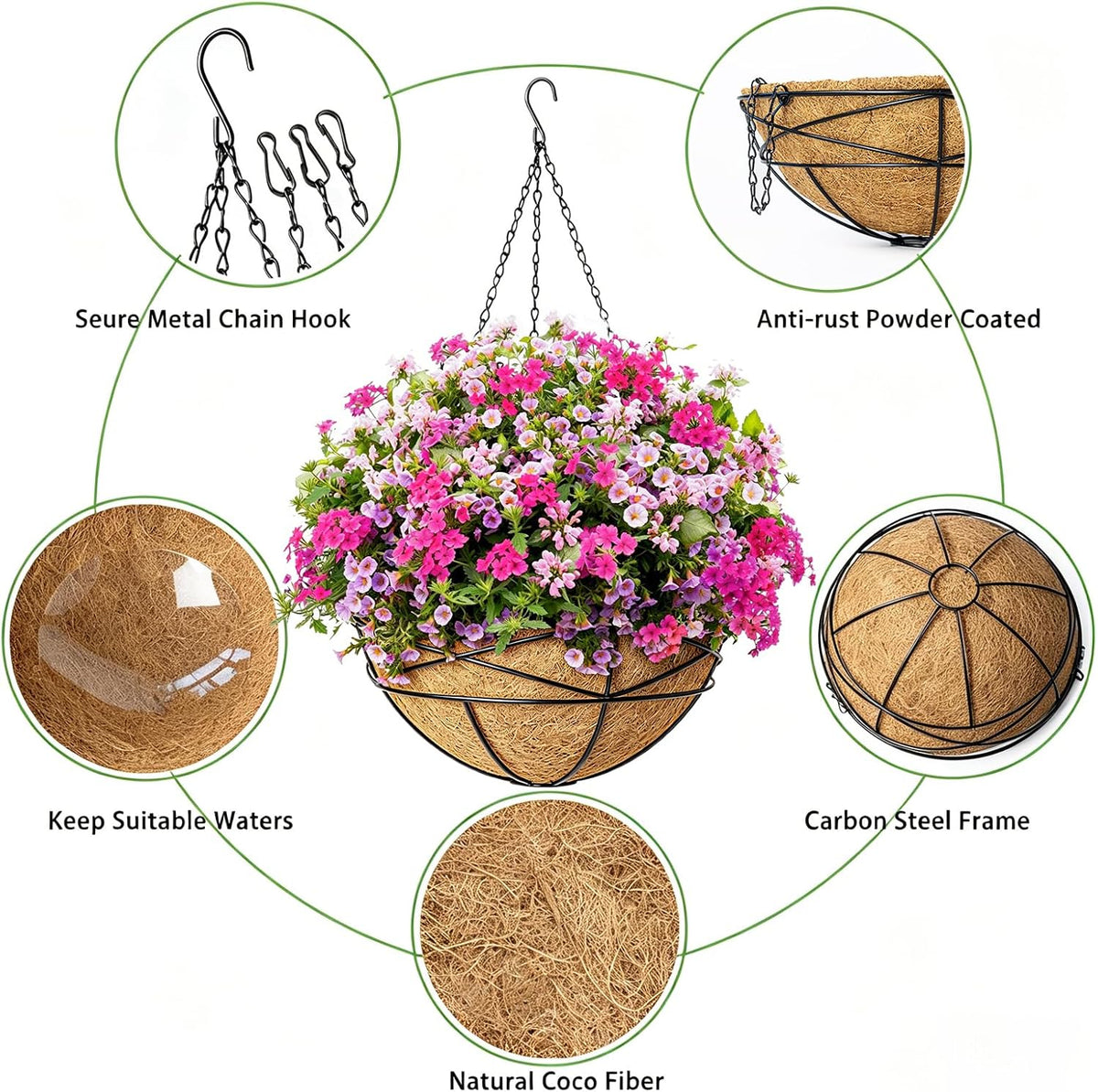 4 Pack 12 Inch Hanging Planters for Outdoor Plants Metal Watering Flower Baskets with Coco Liner for Outside Planting Plant Holder Pot for Home Garden Porch Balcony Railings Decor
