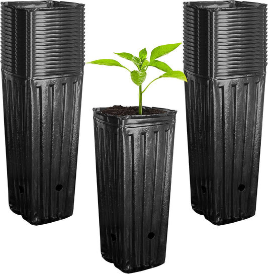 RunNico 50pcs Plastic Deep Plant Nursery Pots,11.8”Tall Tree Pots,Black Deep Seedling Container Pots with Drainage Holes for Indoor Outdoor Gardening (3.9" Wx11.8 H)