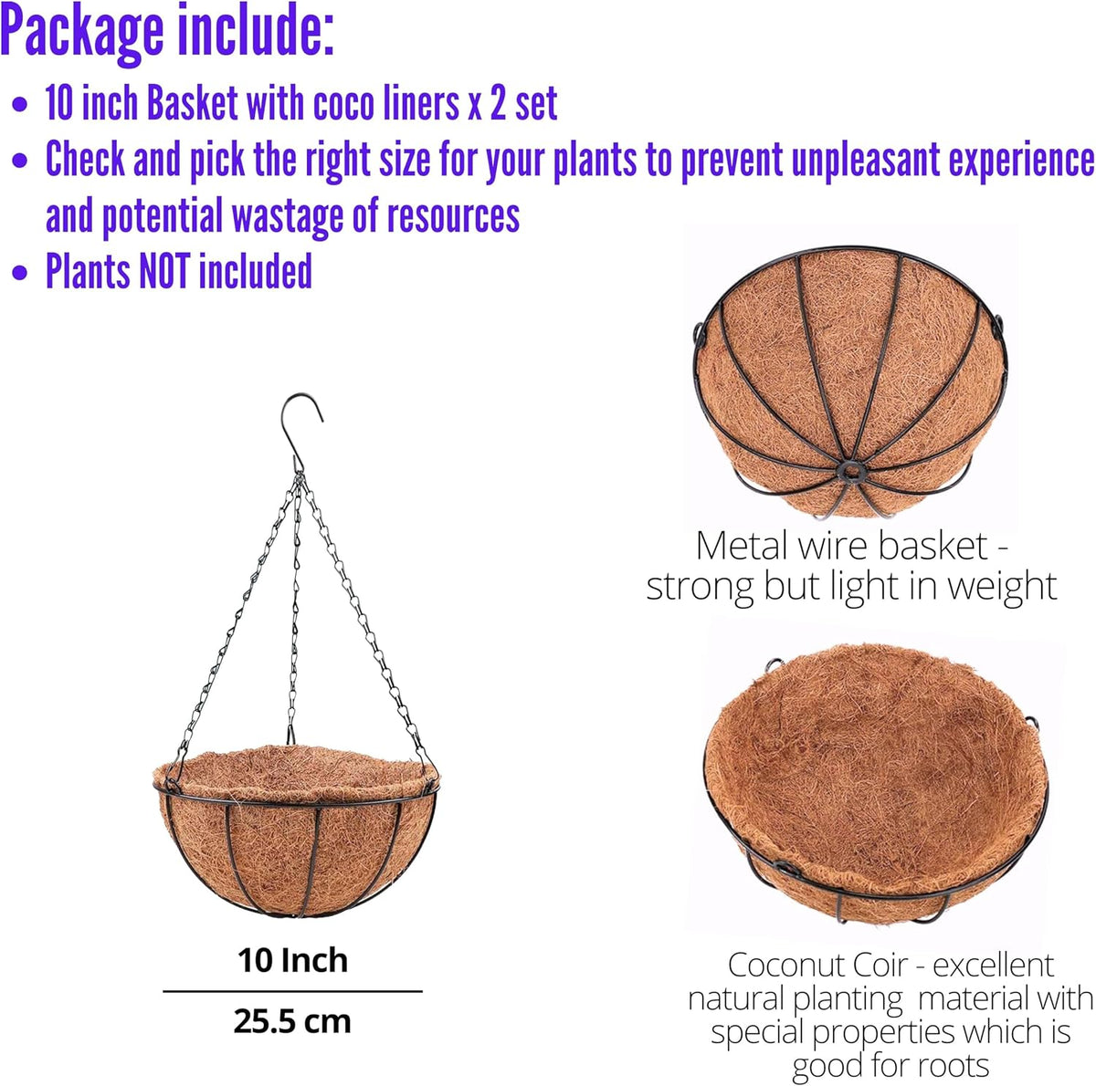 LaLaGreen Round Hanging Baskets (10 in, 2 Pack) Black Metal Coco Liner Pots