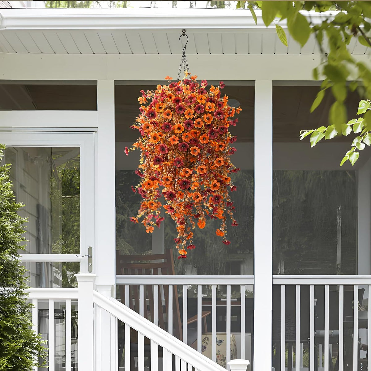 Fake Mums Fall Artificial Hanging Flowers Baskets for Outdoor Decoration