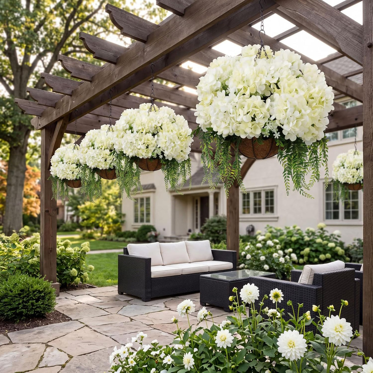 2 Pack Artificial Hanging Hydrangea Flowers with Basket for Outdoor, White