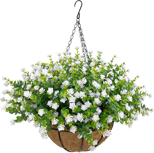 NETAP Artificial Hanging Flowers Basket for Outdoor, 16 Fake Flowers Look Real UV Resistant, Faux Hanging Plants for Porch, Balcony, Patio, Garden, Spring Summer Decor,White