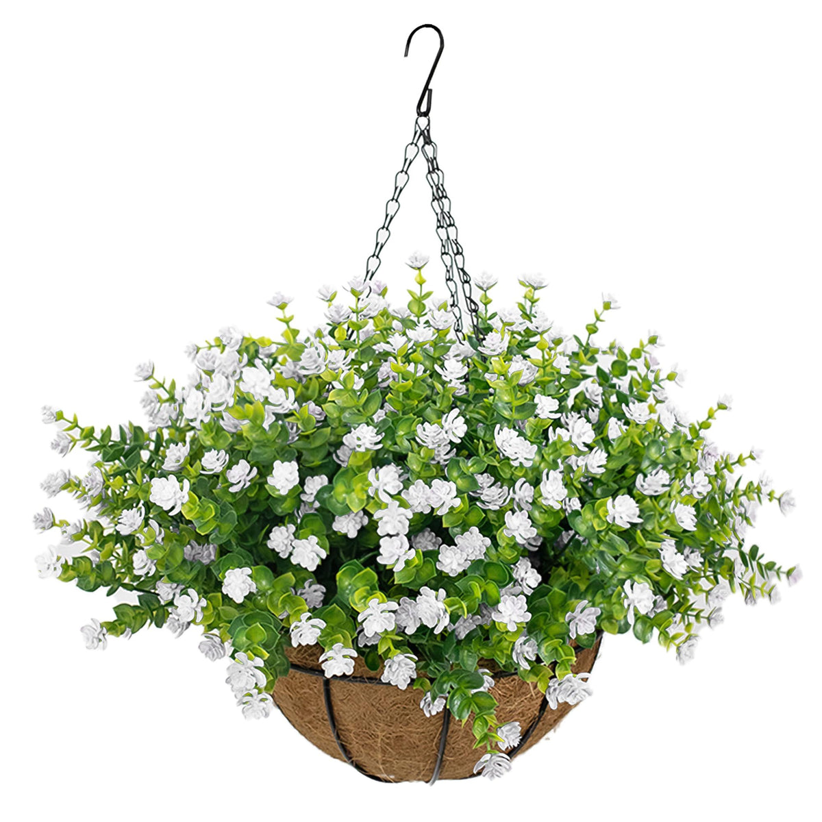NETAP Artificial Hanging Flowers Basket for Outdoor, 16 Fake Flowers Look Real UV Resistant, Faux Hanging Plants for Porch, Balcony, Patio, Garden, Spring Summer Decor,White