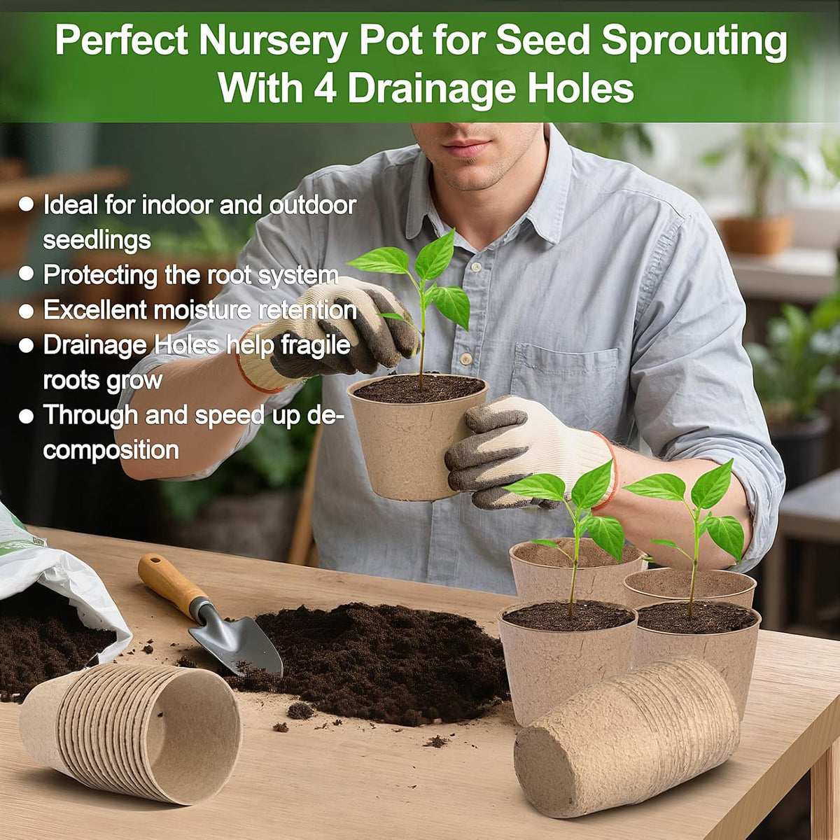 Peat Pots, 60 Pack Plant Starter Round Nursery Pot with Drainage Holes, Garden Germination Seedling Pots with 30 Plant Labels (4 Inch)