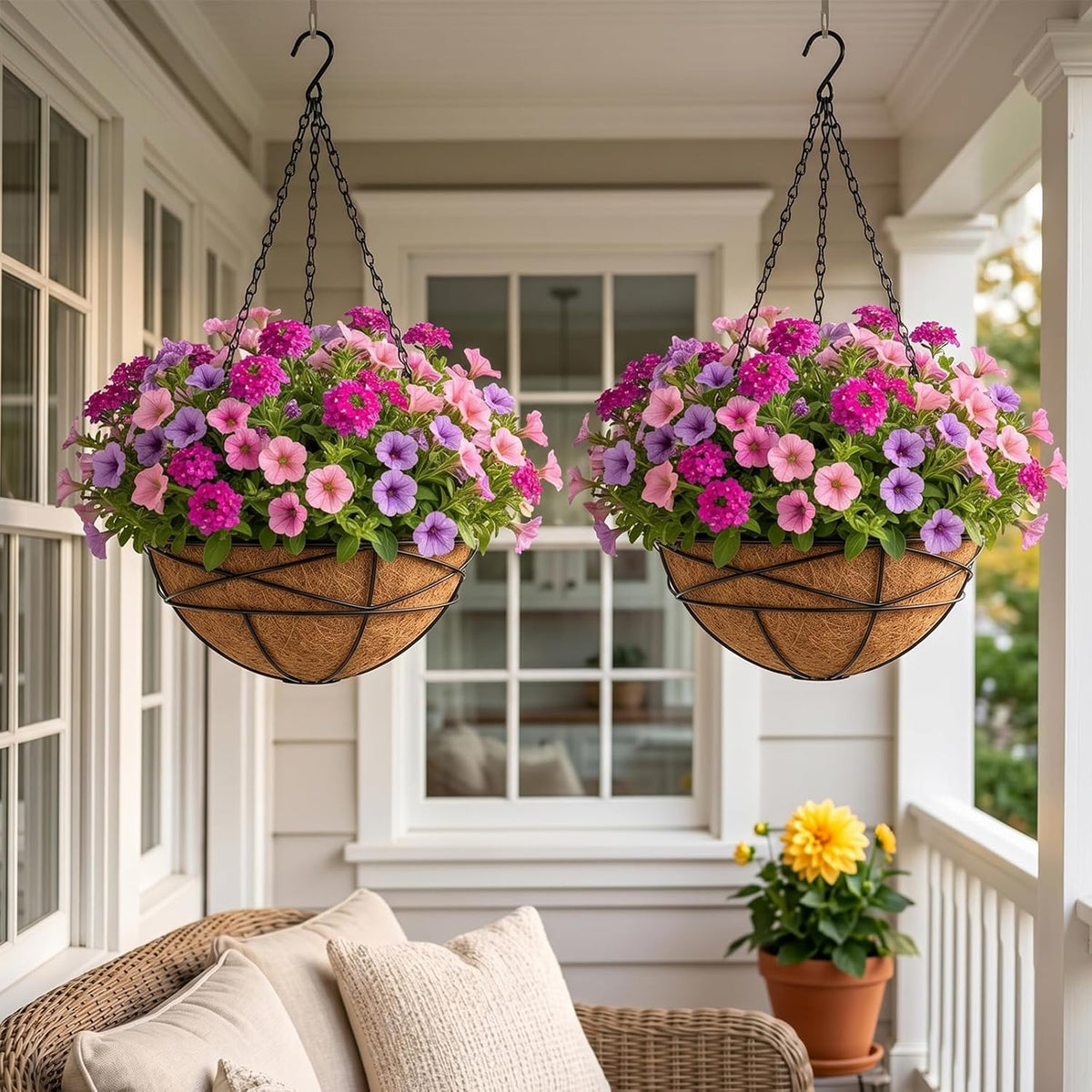 4 Pack 12 Inch Hanging Planters for Outdoor Plants Metal Watering Flower Baskets with Coco Liner for Outside Planting Plant Holder Pot for Home Garden Porch Balcony Railings Decor