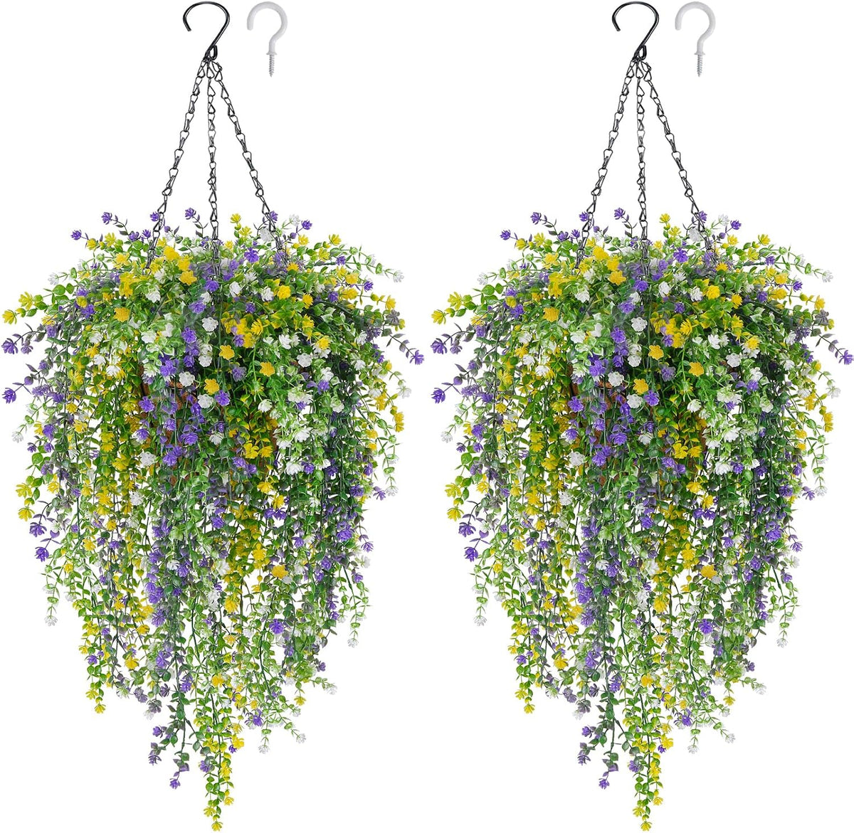 2 Set Artificial Flower Hanging Baskets for Outdoors, UV Resistant