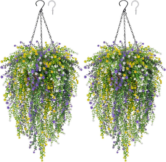 2 Set Artificial Flower Hanging Baskets for Outdoors, UV Resistant