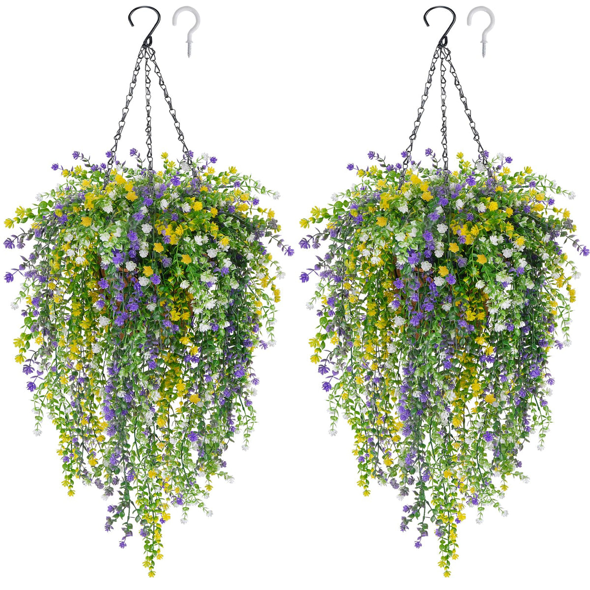 2 Set Artificial Flower Hanging Baskets for Outdoors, UV Resistant