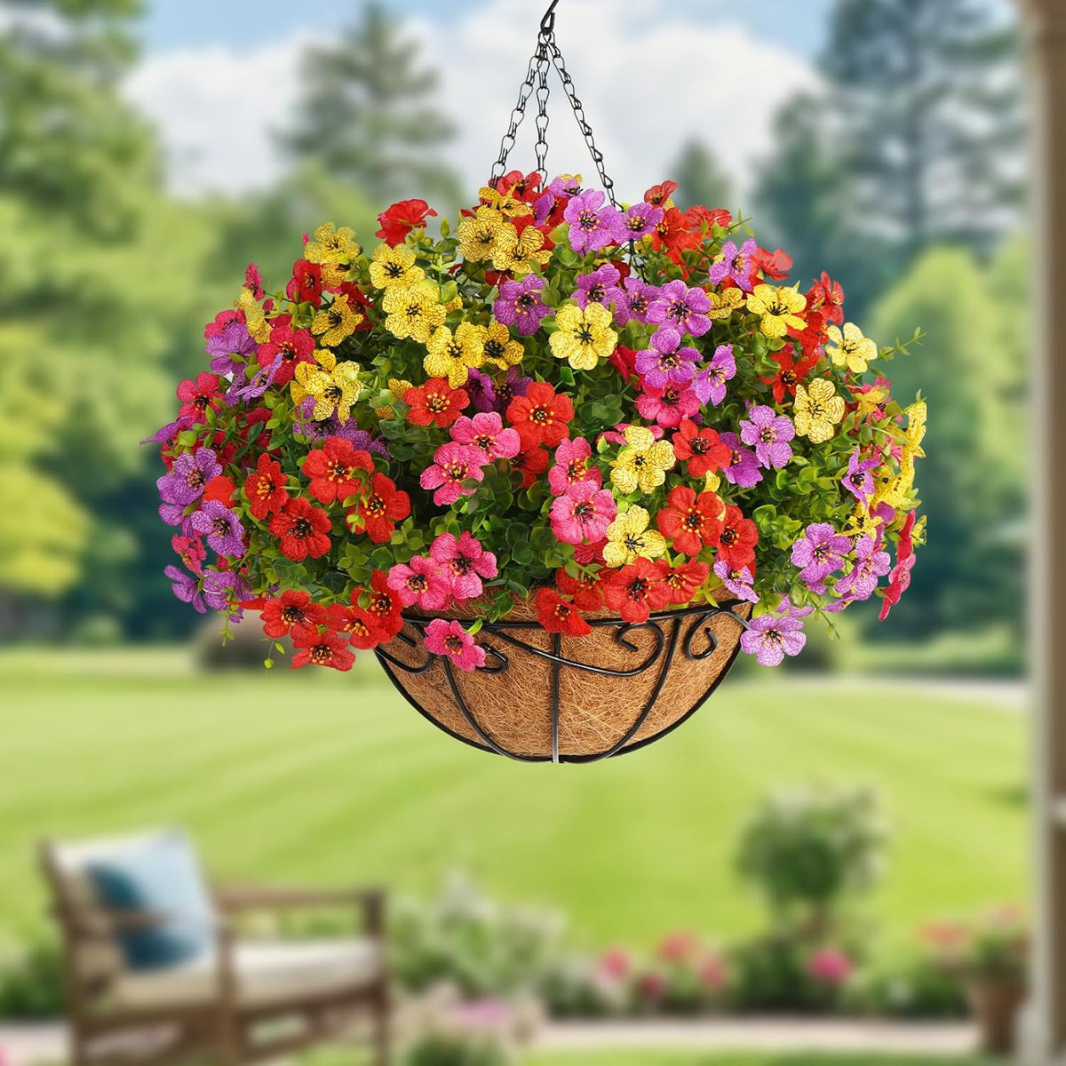Artificial Hanging Flowers Basket Outdoors(Mix Red Purple Yellow Hot Pink)