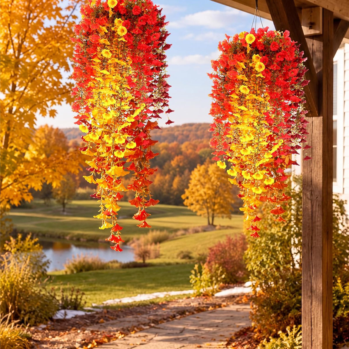 Pinkunn 2 Pack Artificial Fall Hanging Flower Basket for Outdoor Fall Decor