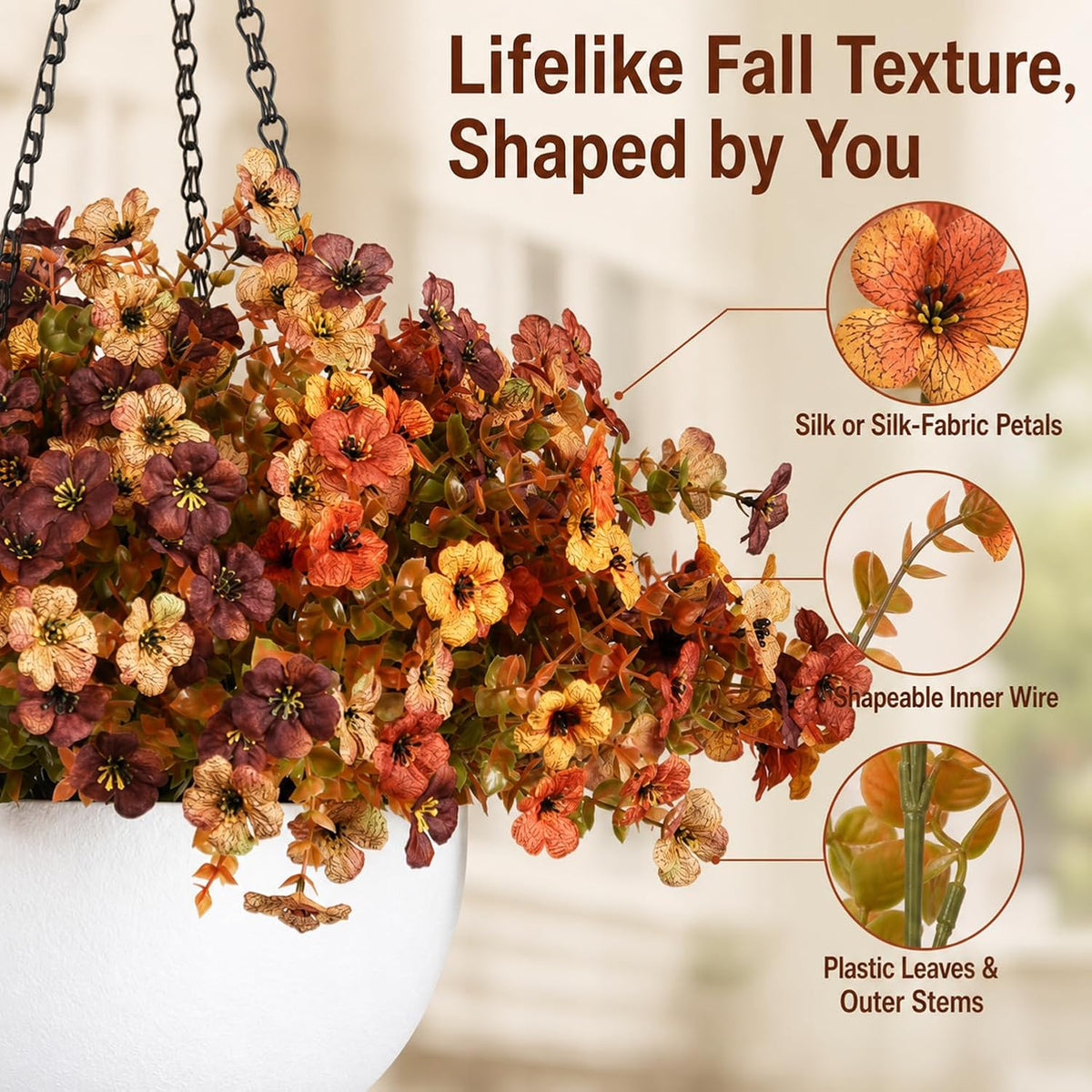 2 Sets of Artificial Hanging Flowers for Outdoors, Fall Mum Hanging Baskets