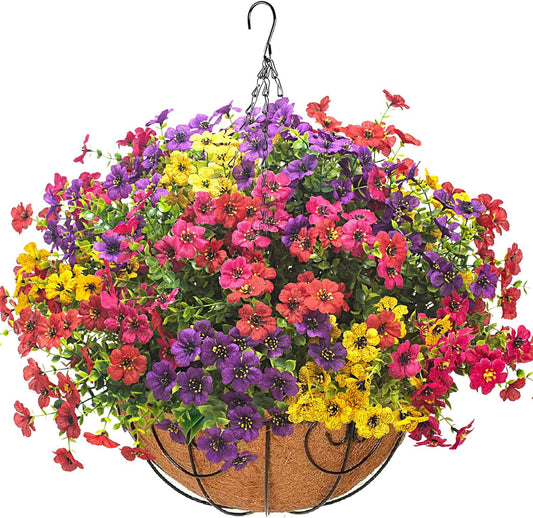 Grunyia Artificial Hanging Flowers Basket with Colorful Silk Daisies & Eucalyptus - UV/Sun-Resistant Plant for Outdoor Porch, Patio, Balcony - Indoor/Outdoor Home Decor
