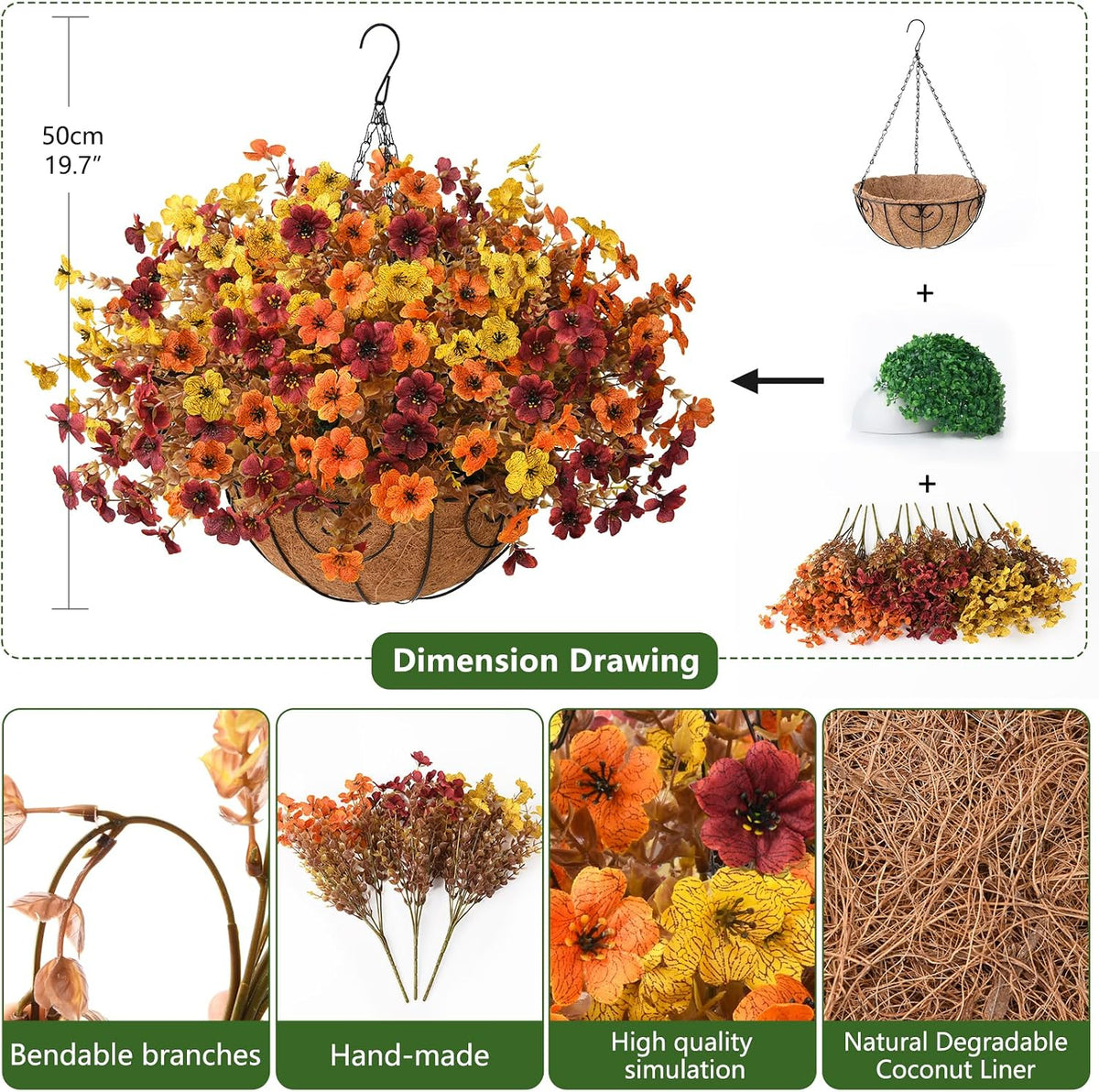Artificial Fake Hanging Baskets Fall Flowers for Outdoors Decoration