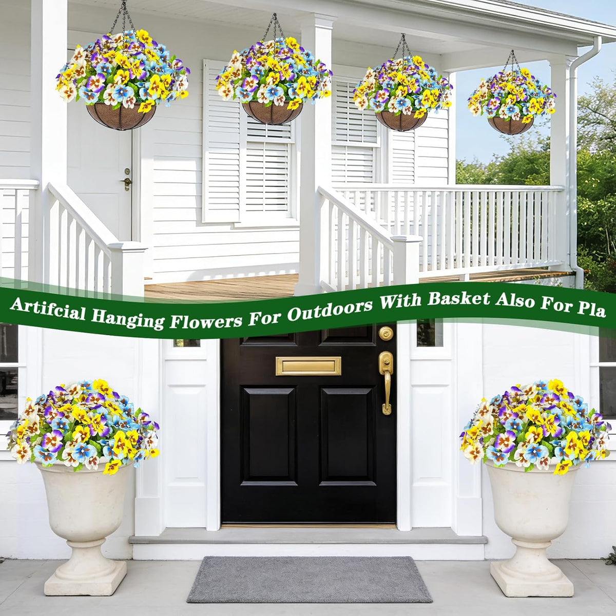 Artificial Hanging Flowers Plants Baskets Outdoor Outside Decoration, Pansies UV Resistant Waterproof Spring Fake Silk Flowers Faux Hanging Planters for Porch Patio Balcony Yard Home Decor