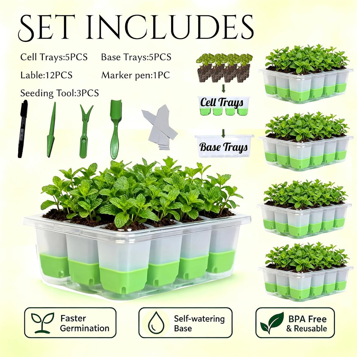 NestNature 5-Pack Seed Starter Tray Set|Reusable 60Cell Seed Starter Trays