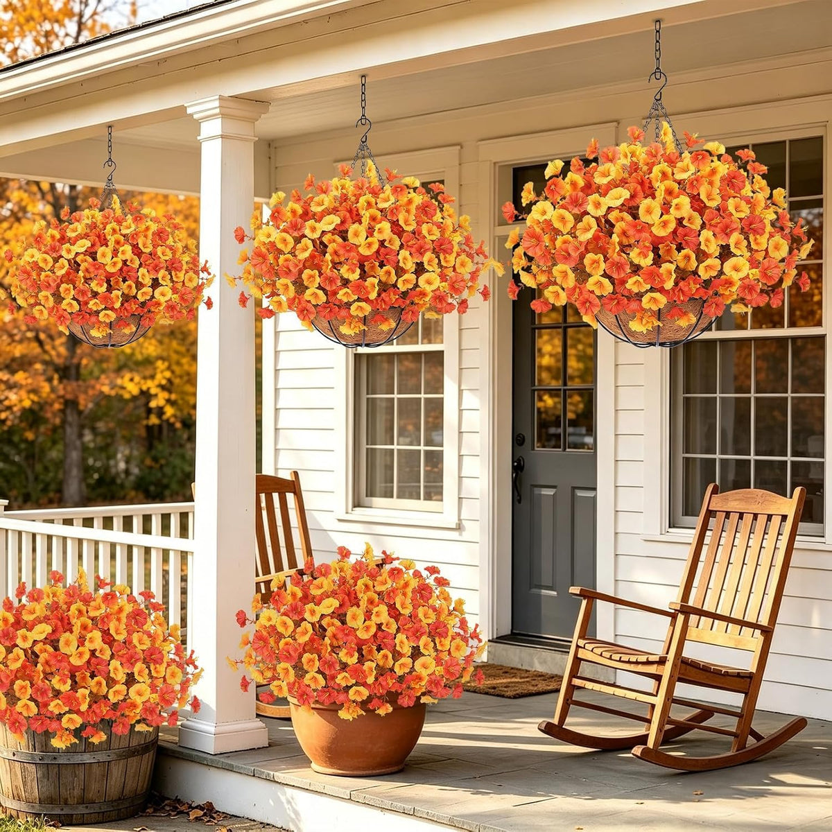 2Set Fall Hanging Mums Flowers with Baskets 28Pcs Faux Fall Mum for Outdoor