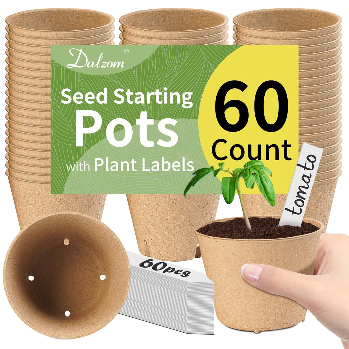 Dalzom® 60Pcs 3.1” Peat Pots with 60Pcs Plant Labels, Biodegradable Pots for Seedlings with Drainage Holes, Garden Plant Nursery Pots Seed Starting Trays
