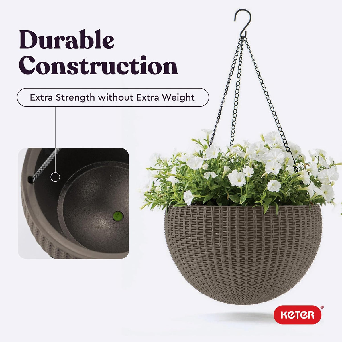 Keter Resin Rattan Set of 2 Round Hanging Planter Baskets for Indoor and Outdoor Plants-Perfect for Porches and Patio Decor, Cappuccino