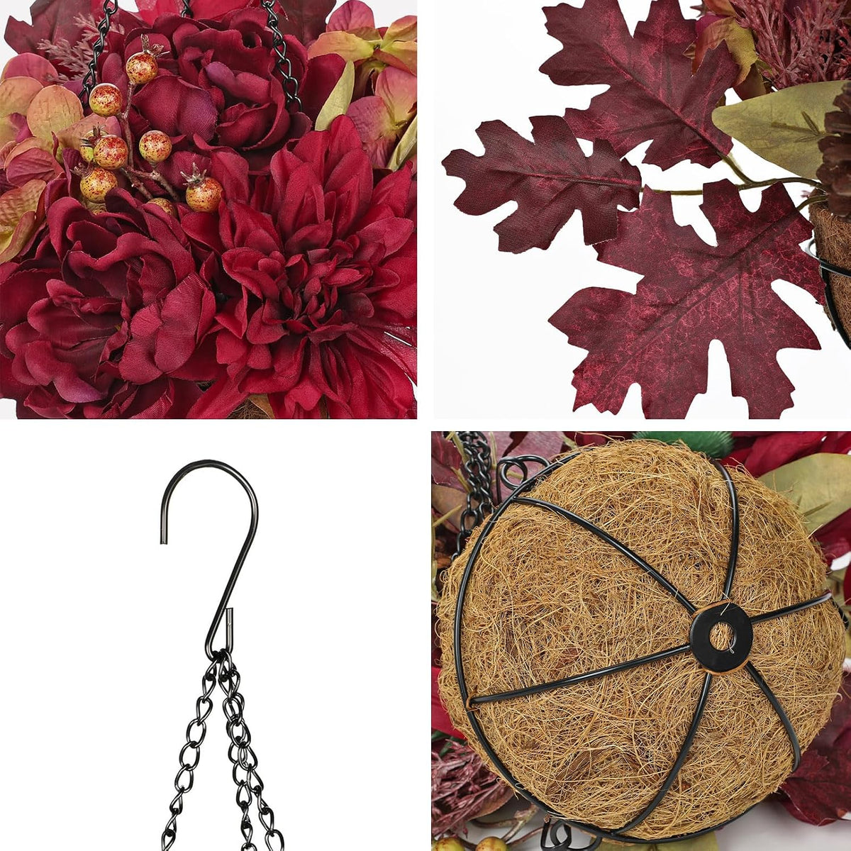Hollyone 11" Fall Hanging Baskets Hydrangea Peonies Small Artificial Flowers Fall Hanging Decor Hydrangea Fake Flowers Faux Plants Red Orange Indoor Outdoor Porch Patio Garden Autumn Home Decorations