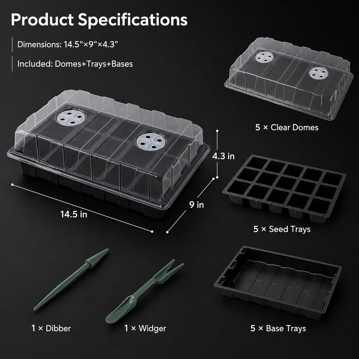 Gardzen 5 Pack Seed Starter Trays with Vented Domes 150 Cell Black