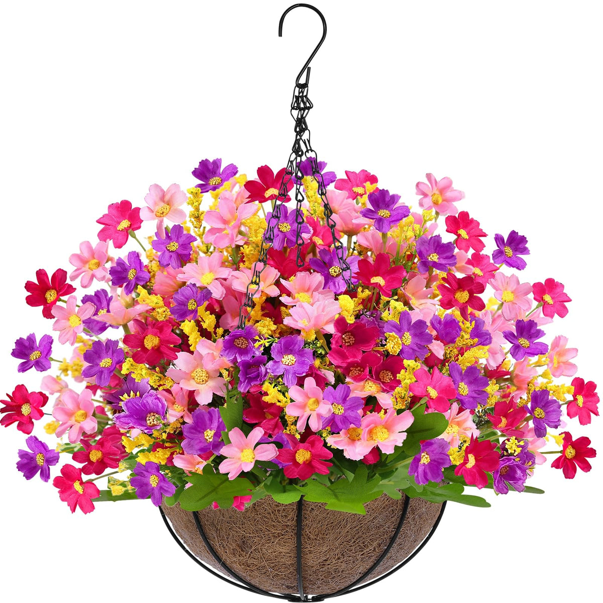 Artificial Faux Hanging Plants Flowers Basket for Outdoors Spring Summer Decoration, Hanging Planters with Fake Silk Hyacinth Flower UV Resistant for Outside Porch Patio Balcony Garden Purple Fuchsia