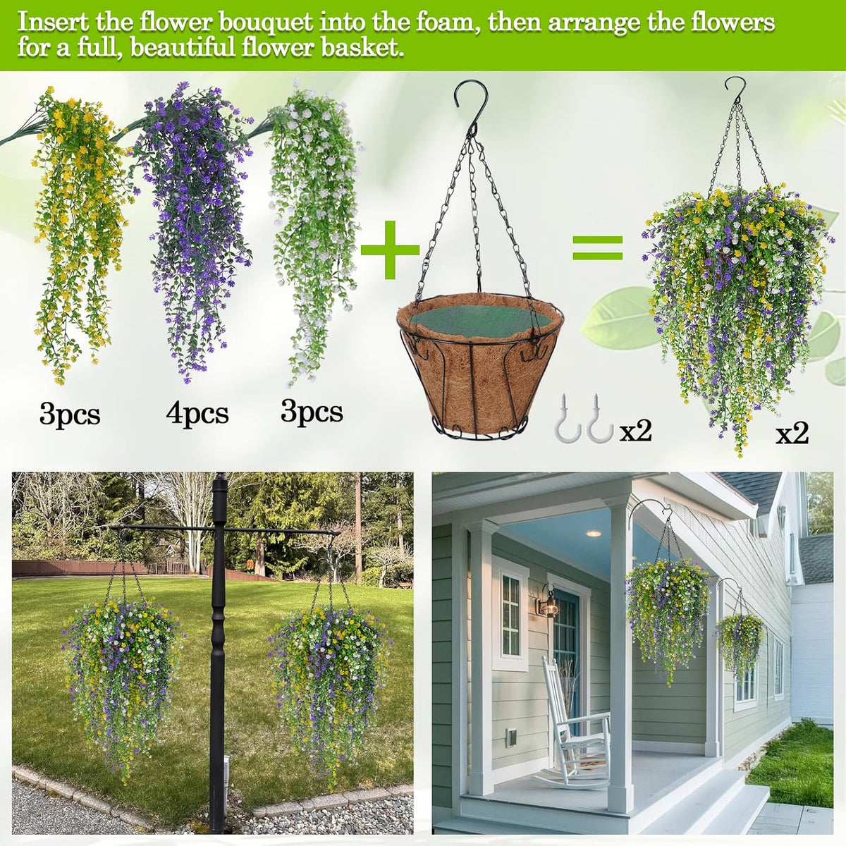 2 Set Artificial Flower Hanging Baskets for Outdoors, UV Resistant