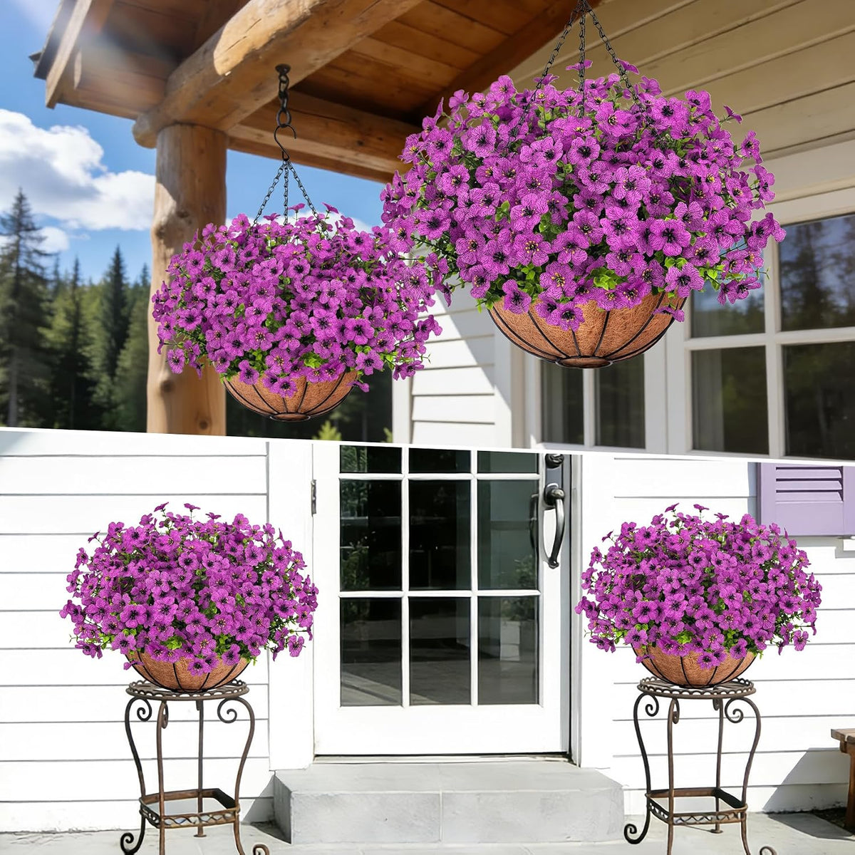 Roberly Artificial Hanging Flowers for Outdoors with Hanging Basket, Violet